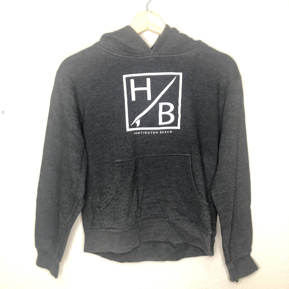 Huntington‎ Beach Hoodie Sweater Gray White Graphic Vacation Pullover Size Large